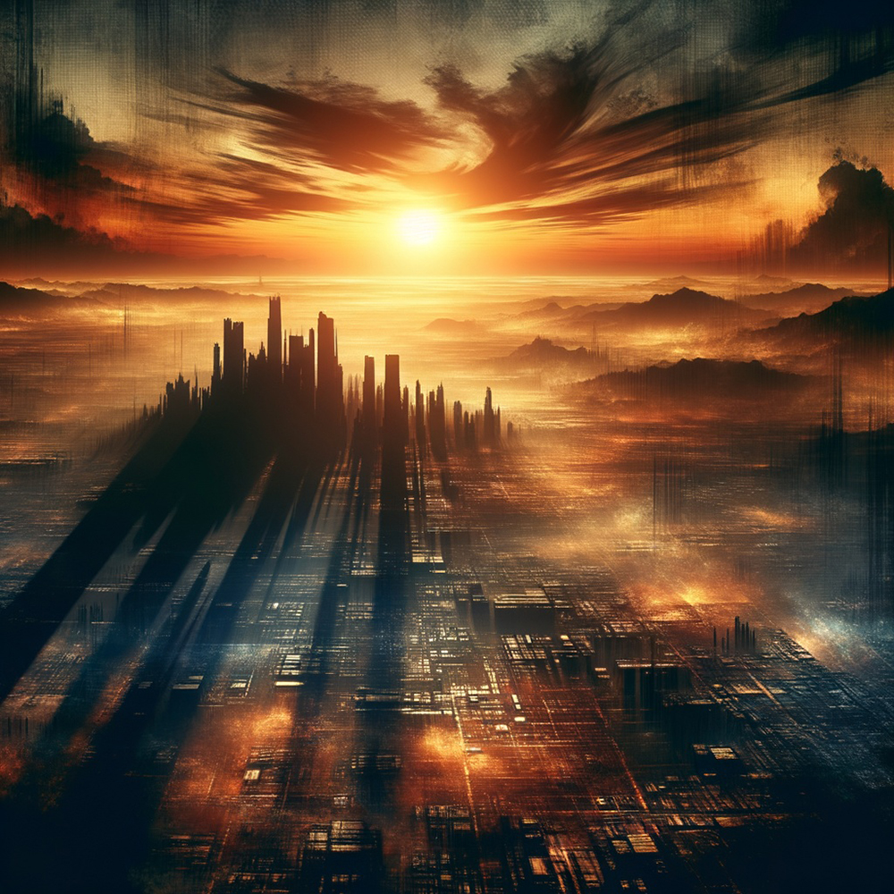 Sunset photo of futuristic dark-age urban landscape from overhead